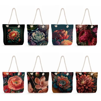 Красиви Класически чанта с флорални принтом, вместительные чанти за пазаруване, дамски ежедневни чанти през рамо, преносими пътни плажни чанти
