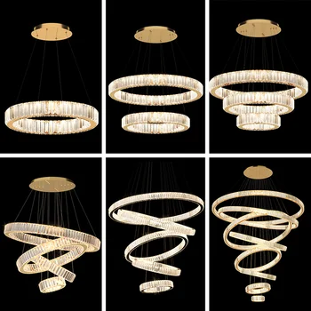 Луксозен полилей с кристални пончиками под формата на голям кръг, хромированное осветление за стълби на вилата, начало декор, хол, ресторант, златна лампа