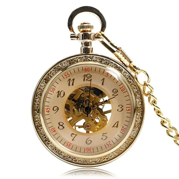 Луксозни златни джобни часовници с отворен циферблат и виртуален скелет с механично ръчно от антични окачване с веригата, Мъжки и Женски Relogio De Bolso