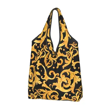 Луксозни златни торбички за пазаруване в европейски стил с цветен модел, чанти през рамо Kawaii Клиент, голяма преносима чанта в бароков стил Викторианска на изкуството.