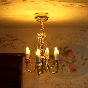 Миниатюрна лампа за куклена къща 1: 12, led Тавана лампа, Реколта Златен Полилей, Подвесное осветлението, Моделът на мебели, Кукла 