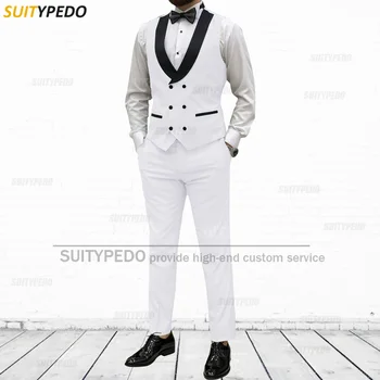 Модерен Бял костюм за Мъже, 2 броя, Оборудвана Сватбен костюм за Бала, Жилетка, Панталони, Комплект Жилетки, Вечерни Смокинги за Мъжете (Жилетка + панталони)