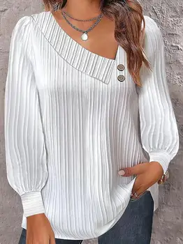 Модерен дамски блуза 2023, пролетен дизайн копчета, ръкавите-фенери, обикновена дълги ръкави, ежедневни ризи с квадратна деколте, потник за всеки ден