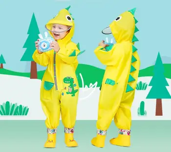 Модерен детски водоустойчив гащеризон, дъждобран с качулка, детска едно парче мушама с анимационни динозавром, Дъждобран Baby Tour
