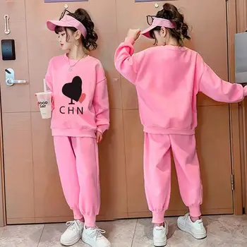 Модерен есенен нов детски костюм, модерен комплект за момичета с писмото принтом, Корейски топ с дълги ръкави и панталони, ежедневни детски дрехи от 2 теми