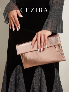 Модерен клатч CEZIRA от изкуствена кожа с метално покритие, дамски чанти през рамо с веригата, вечерни чанти, чанта-плик