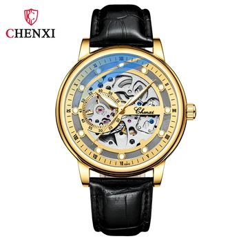 Модерен Мъжки часовник Chenxi Top Brand клас Лукс с автоматичен механичен скелетоном от кожа и стомана, водоустойчив светещи часовници-скелетоны