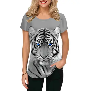 Модерна дамска тениска с изображение на Тигър, trend 3D принт, Тънка Лека дамски дрехи, с кръгло деколте, Бял Къс ръкав, Летен пуловер за почивка