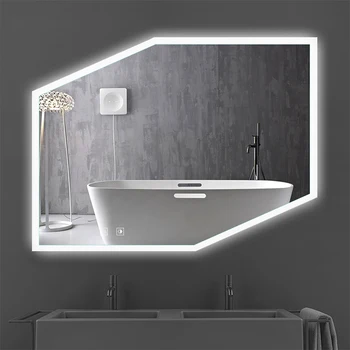Модерно огледало за баня с неправилна форма, Водонепроницаемое Бескаркас увеличение, Сензорен прекъсвач, Стъклени огледала за баня с led подсветка