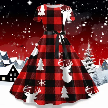 Модни Дамски рокли в клетката в стил Харадзюку С Коледните принтом, Къс ръкав, Вечерна рокля за абитуриентски бал, Коледно Дърво, Всекидневни принт, Vestidos