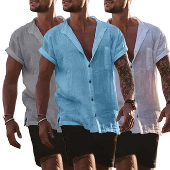 Модни Летни памучни ленени ризи 2023 година За мъже, ежедневни ризи с къс ръкав, блузи с однотонным отложным яка, градинска мъжки дрехи