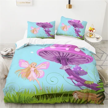 Момиче-фея-пеперуда с лилаво гъбички 3D Комплект спално бельо кралски размери, определени пододеяльников за дома, подарък за декориране на спалня за момичета