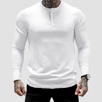 Мъжете полупроводникови ежедневни блузи с дълъг ръкав тениска за мъже Slim тениска Бяла еластична тениска фитнес тениски модни дишащи горната мъжки дрехи