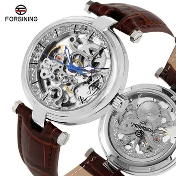 Мъжки автоматичен часовник Forsining, механичен каишка от естествена кожа, часовници-скелет