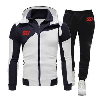 Мъжки модни hoody с качулка на цип с принтом SSI, спортни облекла, спортен костюм за бягане, спортни костюми за бягане + панталони, комплекти от 2 теми