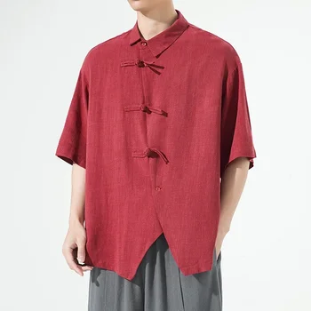 Мъжки памучни ленени ризи свободни ежедневни блузи с къс ръкав тениска с лятна риза плюс размер 5XL китайски стил на Мъжки ризи