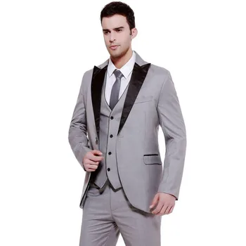 Мъжки смокинги за младоженците, модни смокинги за момците с остър ревери, сиви сватбени мъжки костюми (яке + панталон + елек)