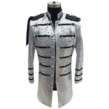 Мъжки удължен сако в стил steampunk с блестящи сребърни пайети, Модни блейзери с украса във вид на верига, с костюм за парти в нощен клуб