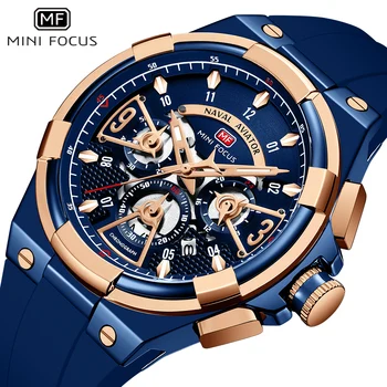 Мъжки часовник MINI FOCUS, Маркови часовници с каишка силикон лукс, водоустойчив мъжки спортни кварцов ръчен часовник с хронограф