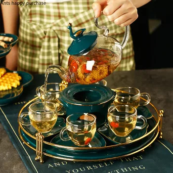 Набор за приготвяне на чай с цветя от термостойкой стеклокерамики В европейски стил, Следобеден чай, цветен и плодов Чай комплект, Вкъщи кана с нагревател