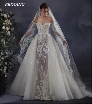 Най-новото Сватбена рокля Русалка За булката 2 В 1 С дълги ръкави и деколте сърце на поръчка на по-Големи размери Vestidos De Novias