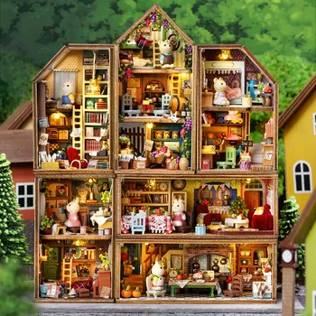 Нов Diy Mini Rabbit Town Casa Дървени Куклени Къщи Миниатюрни Строителни Комплекти С Мебели Куклена Къща Играчки За Момичета Подаръци За Рожден Ден