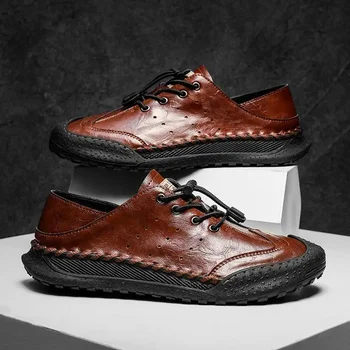 Нова мъжки Ежедневни Кожена Ръчно изработени обувки, Мъжки Дишащи Обувки от естествена кожа С една Педала на полка точки, Обувки за бащи на Средна възраст, Мъжки Меки обувки B