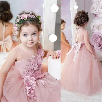 Нова Розова Рокля на цветчета за Момичетата за Сватбеното парти с Кружевными Апликации на Шията и 3D Цветя и Лък Robe Princesse Fille Vestidos 2023