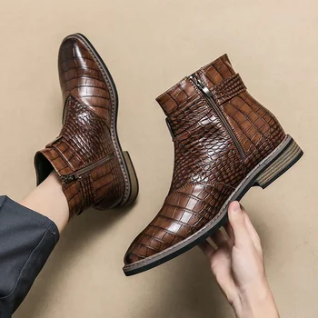 Нови кафяви мъжки ботильоны джоб с квадратна пръсти от черна крокодилска кожа, модерен бизнес и официални мъжки обувки, размер 38-46