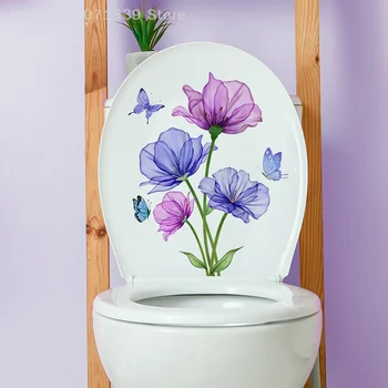Нови стикери за стена с цветя и пеперуди за баня декор тоалетна, фаянс стенописи за декорация на дома, самозалепващи етикети