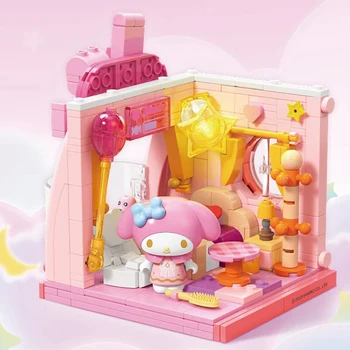 Нови Строителни Блокове На Sanrio Hello Kitty Cinnamoroll Pochacco Kuromi Вила Градинска Сцена Събрана Модел Орнамент Играчка Адвьенто Подарък