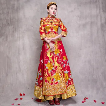 Ново Червено традиционното китайското сватбена рокля, Национален костюм Ципао, Женствена бродерия на булката в китайски стил, Рокли S-XXL