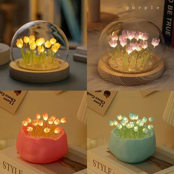 Нощна светлина във формата на цвете лале със стъклен капак, нощни светлини, led лека нощ, настолна лампа, начало декор, USB лампа за настроение, Коледни подаръци със собствените си ръце