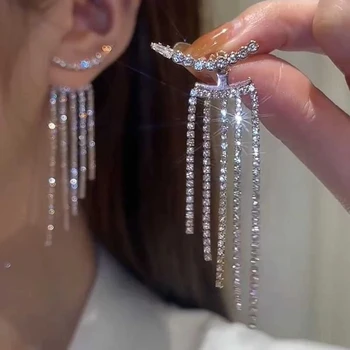 Обици с дълги пискюли от планински кристал Дамски Модни обици-висулки Изящни Кристални Сватбени декорации за годеж eh547