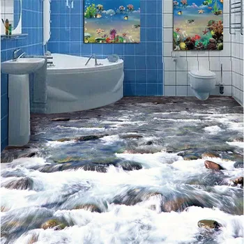 Обичай Фотопол 3D Тапети кристално чистата река на водата За Баня каменна Настилка Самоклеящийся PVC Подова papel de parede