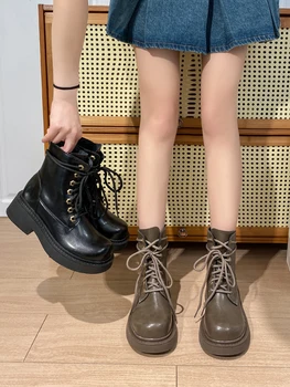 Обувки, дамски обувки, сабо с кръгло бомбе, ботуши на платформа, Дамски Луксозни дизайнерски обувки дантела, 2023, ботильоны, Есен, каучук, модерен Рок, основен стил