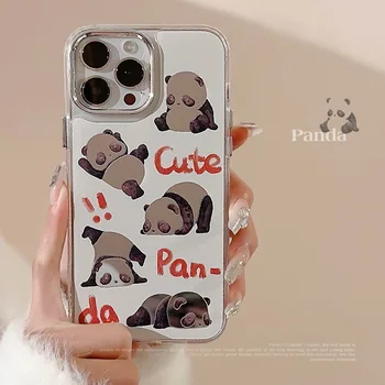 Огледален калъф с участието на сладка панда от картун за IPhone15 14 12 13 11 Pro ProMax Plus X XR, устойчив на удари мек калъф за телефон