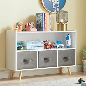 Органайзер за съхранение на играчки GTOLV, детска bookshelf с разтегателни плат чекмеджета и борови крака, идеално място за организиране на детски играчки и