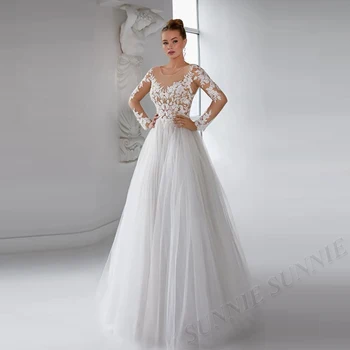 Пищни бяла сватбена рокля с дълъг ръкав за жени 2023, Бохо, с отворен гръб, апликации от тюл, сшитое по поръчка, Vestidos De Новия