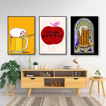 Плакат You Are Magique, Червена ябълка, Френско магическото изкуство, Бира, принт, Принт с изображение на овче бира, Декорация на стените в кухнята и трапезарията