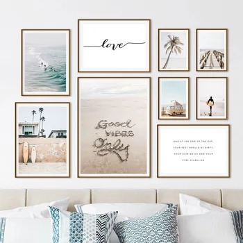 Плакат с участието на скандинавски плажен пейзаж, Палмово дърво, Момче за сърфиране, Ретро-ван, платно, Естетична живопис, Декорация за дома в хола