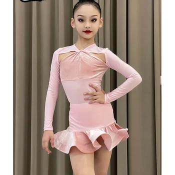 Подобрена версия на тренировъчен рокля за латино танци 2023, есенно-зимния ново детско танцово рокля нежно розов цвят, с дълъг ръкав