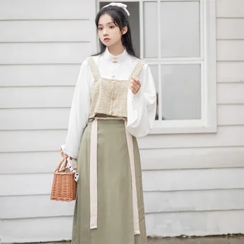 Подобрено женствена рокля Hanfu в стила на династията Мин, 2 цвята, 3 бр., Класическата бяла риза, пролетно-есенна жилетка, пола с лошадиным лице, Елегантен всекидневен костюм