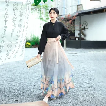 Пола Hanfu с водно принтом под формата на конски муцуни, дамски черен, Нов китайски стил, подобрена ежедневни облекла, Малка усъвършенстване на пола Hanfu, летен комплект