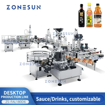 Полноавтоматическая Настолна Производствена Линия ZONESUN ZS-FAL180D6 с Магнитен Помпа За Пълнене на Кръгла бутилка с Течност, Labeller Машина за ограничаване на етикети