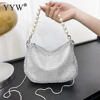 Популярната дамска чанта с кристали, Нова модерна чанта с диаманти, чанта през рамо, блестящ празничен клатч, луксозен брендовый дизайн, чанти с веригата от перли.