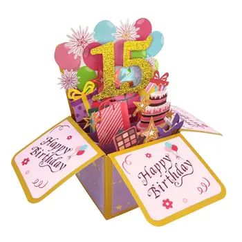 пощенска картичка в 15-ти рожден ден, 3D подарък кутия, Златна пудра на прах, поздравителна картичка за рожден ден с бележник в плик за 12/15 години, пожелания, подаръци за партита