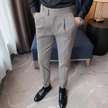 Проверени панталони в британския стил, с висока талия, мъжки модни Ежедневните Бизнес панталони, Офис Светска Сватба Панталони за младоженеца 2023