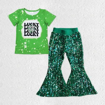 Продажба на едро, Зелена риза с къси ръкави за деца, Комплект расклешенных панталони с пайети за малки момичета, Облекло за Деня на Св. Патрик