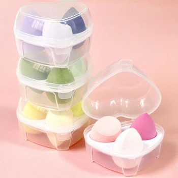 Прозрачна кутия за съхранение на козметични слойек за пътуване с 3 мрежи във формата на сърце, калъф за сушене на яйца за грим, Преносим Контейнер за гъби